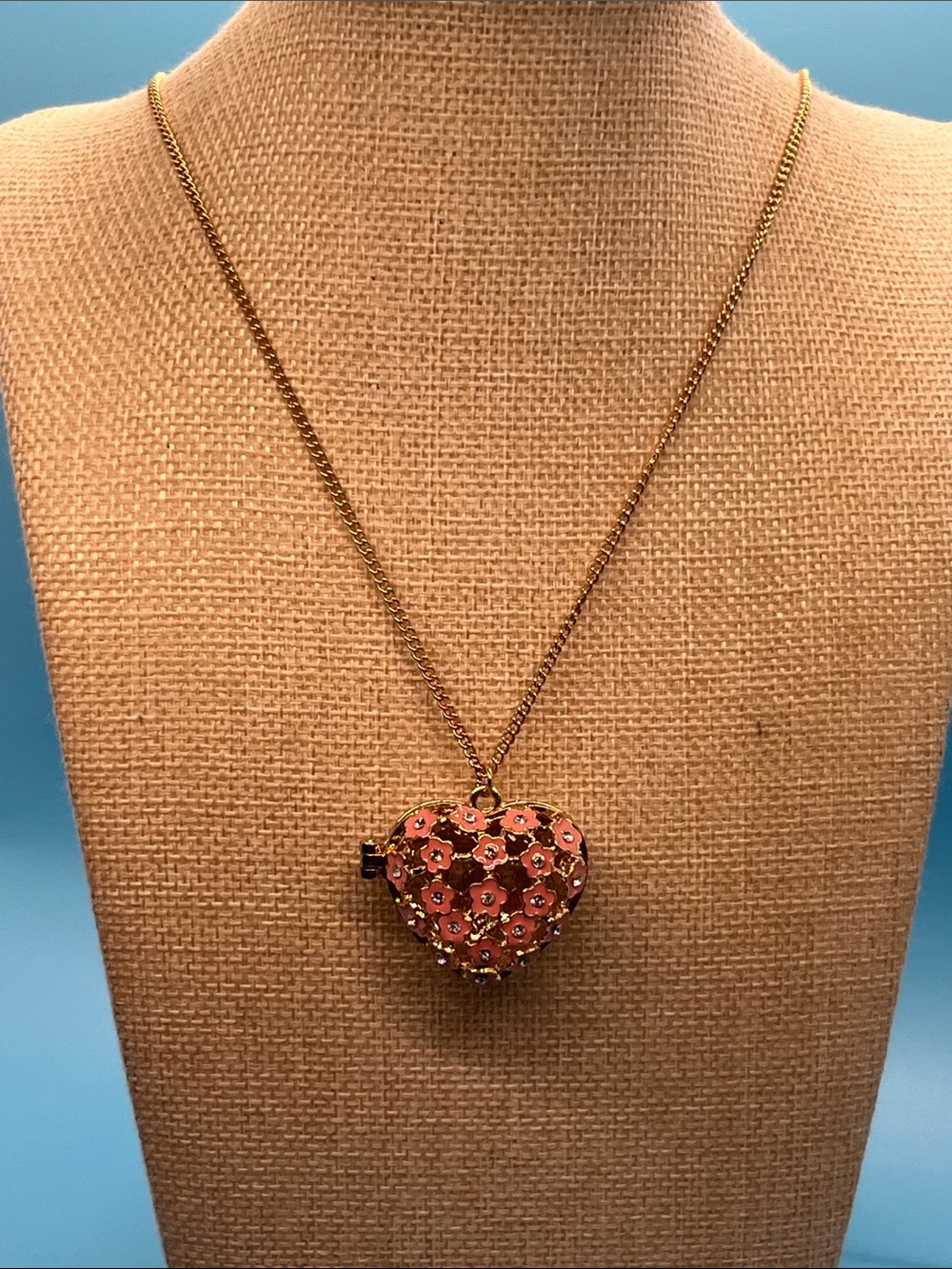 #0095. Erica Lyons Gold Tone Heart Locket Necklace with Coral Pink Floral Enamel